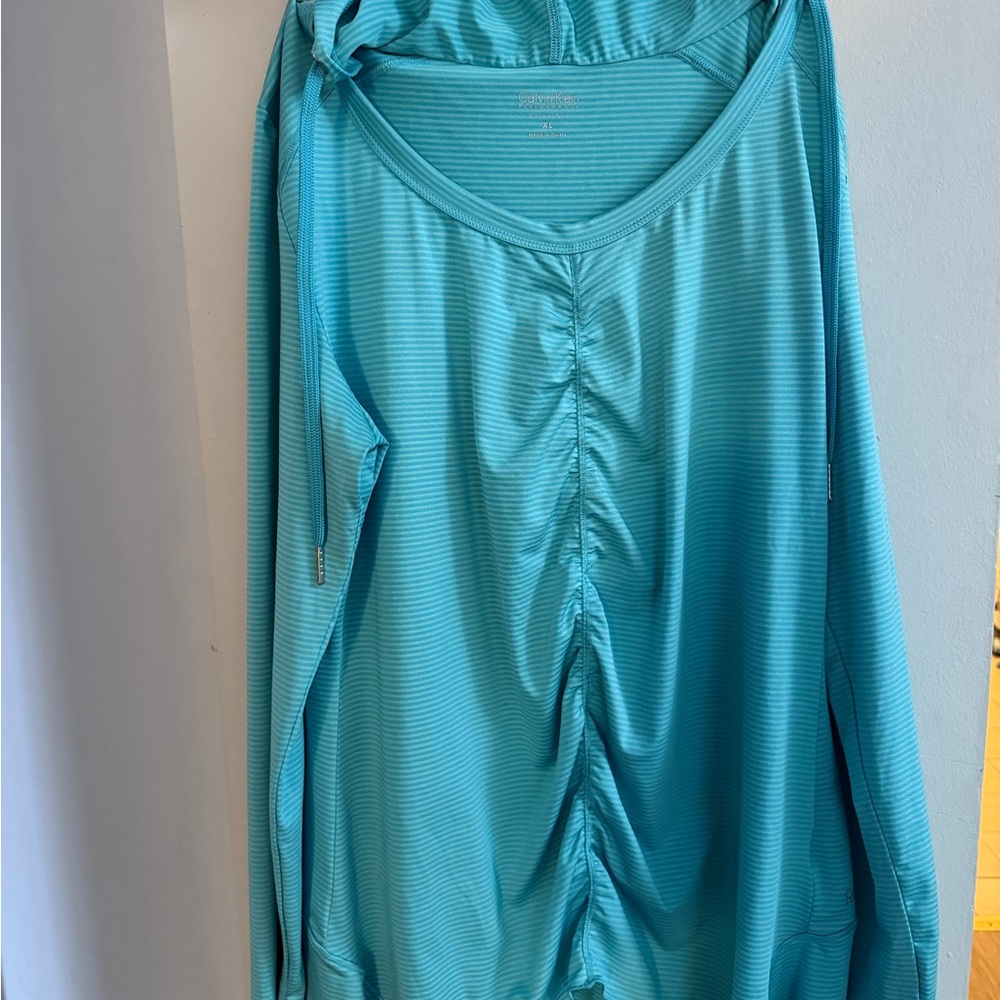 Calvin Klein Teal Striped Top athletic top w Hood Size XL
